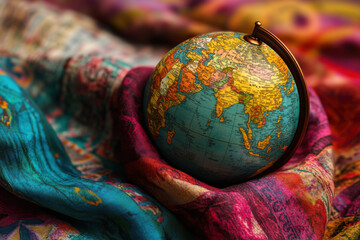 A world globe placed on a multicultural fabric with vibrant colors