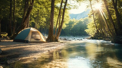 A camping tent near a crystal-clear stream, with soft sunlight filtering through the trees.