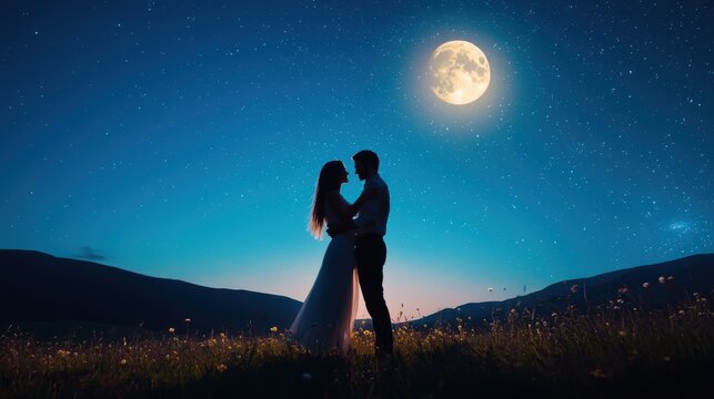 A romantic couple embraces under a starry sky, illuminated by a bright moon, creating a serene and enchanting atmosphere.