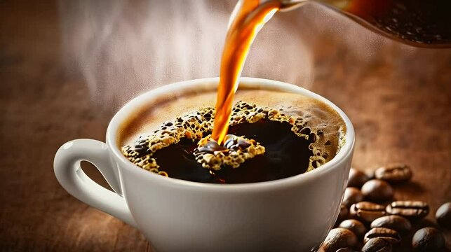 Coffee pouring into cup, wooden table, steam, beans, breakfast menu