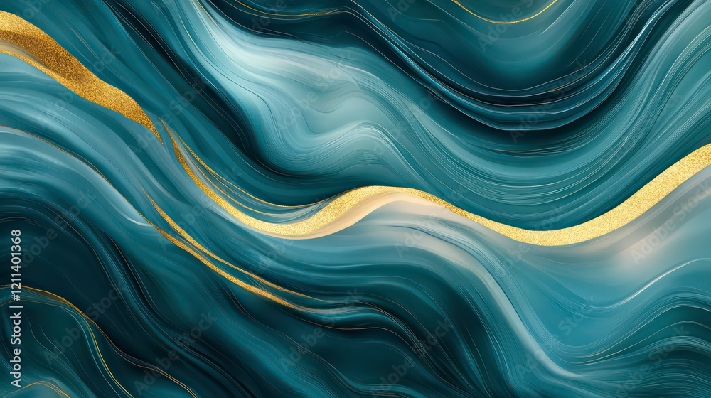 Poster Abstract teal and gold liquid marble texture with flowing waves and swirls.