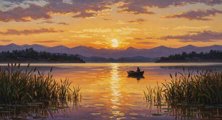 oil painting river at sunset boat with fisherman . Generative AI