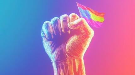 A bold fist symbol outlined in rainbow shades, with a hand-drawn LGBTQ flag flying proudly in the background.