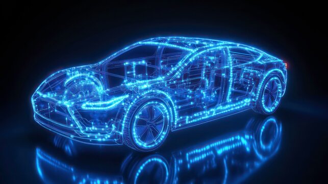 Futuristic electric car digital wireframe model with glowing blue lines on dark background.