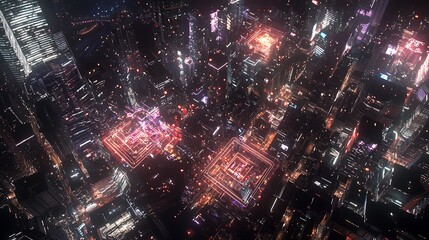 A cityscape with a lot of orange lights and a lot of buildings