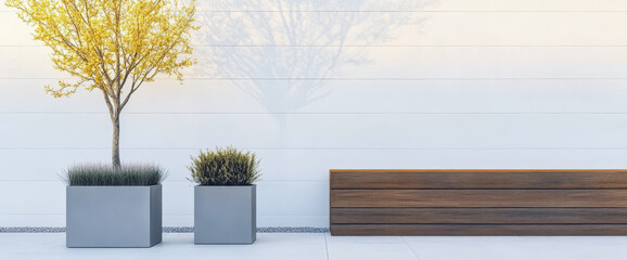 Modern outdoor space featuring planters and a wooden bench in a minimalistic setting