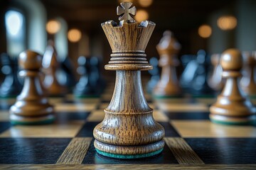 Fototapeta premium Wooden chess queen on board, game in progress.