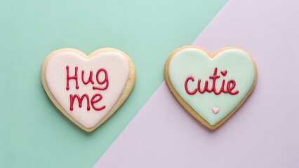 Fototapeta premium Create a charming and minimalistic flat-lay image featuring two heart-shaped cookies with pastel-colored icing.
