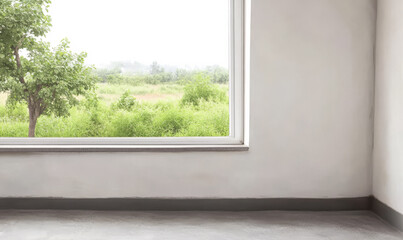 Obraz premium Bright room with a view of greenery through a large window in a tranquil setting