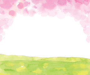 水彩による桜と緑の背景フレーム