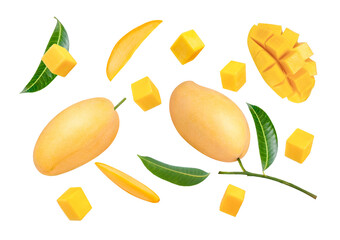 Ripe yellow mango with leaf isolated on white