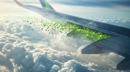 Obraz premium A concept illustration of an airplane wing with biofuel emissions symbolized as clean green particles, soaring through the clouds.