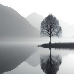 Landscape photograph of a tranquil lake at dawn, capturing the serenity and stillness of nature in a monochromatic palette 