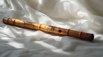 Bamboo flute rests on white fabric.