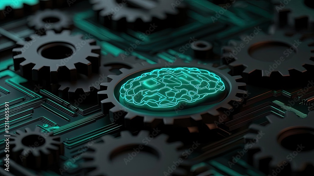 Poster online courses concept. futuristic gears with a glowing brain symbolizing artificial intelligence an