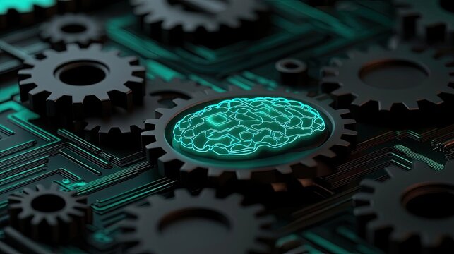 Online courses concept. Futuristic gears with a glowing brain symbolizing artificial intelligence and innovation.