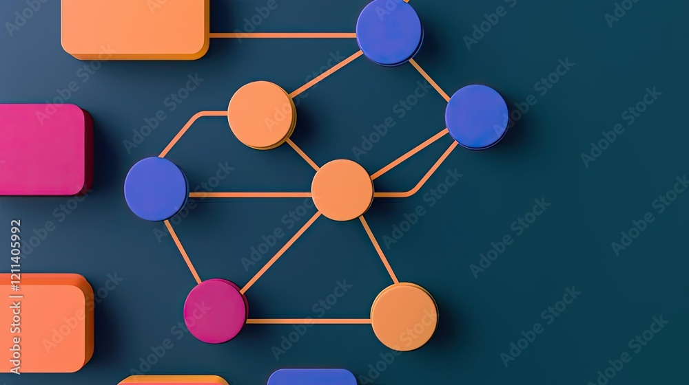 Poster Online courses concept. Abstract colorful flowchart diagram with connections and nodes on blue background.