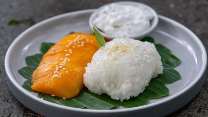 Traditional Mango Sticky Rice Dessert with Coconut Milk Topping on White Plate