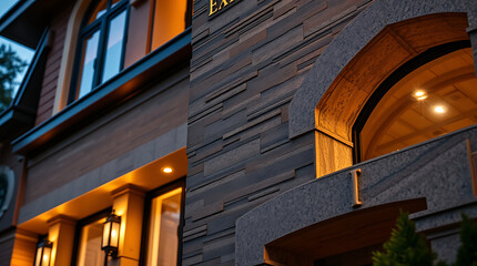Fototapeta premium Modern House Exterior at Night: Luxury Home Architecture and Design. Stunning Stone and Brick Facade Details. Real Estate Photography