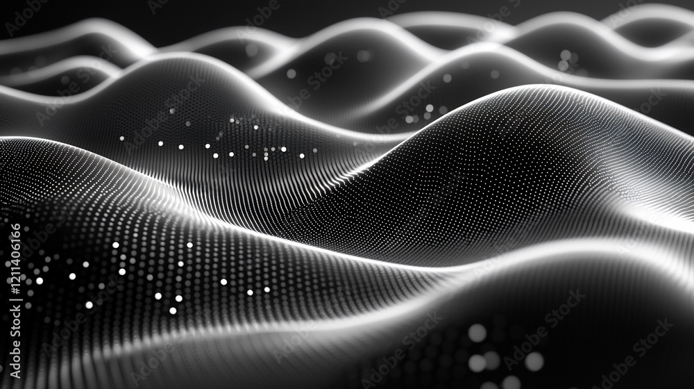 Poster Abstract grayscale wave field with glowing particles.