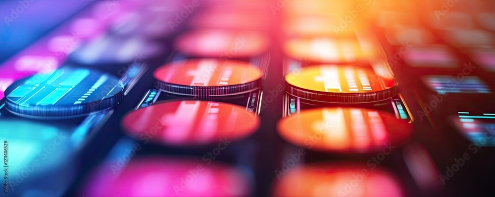 Poster Education idea. Colorful buttons illuminated on a modern digital interface creating a vibrant atmosphere.