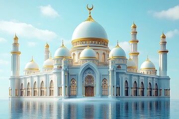 Fototapeta premium 3d modern Islamic banner, suitable for Ramadan, Eid al Fitr, and Eid al Adha with mosque, lantern, crescent moon,
