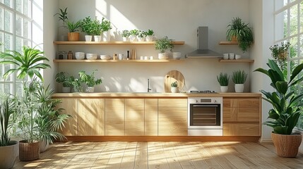 Fototapeta premium Sunlit Kitchen with Abundant Greenery and Modern Design