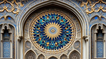 Obraz premium Ornate Mosaic Architectural Detail Featuring a Central Rose Window
