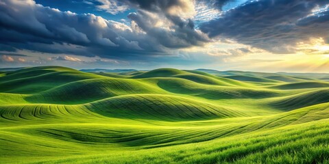 Obraz premium Serene Sunset Over Rolling Green Hills, A Picturesque Landscape of Undulating Fields Under a Dramatic Sky
