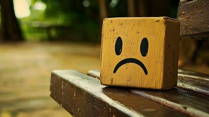 A sad face is drawn on a wooden bench