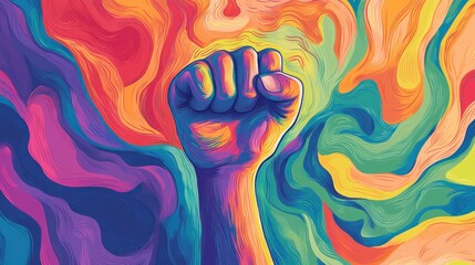 A creative illustration of a fist surrounded by hand-drawn rainbow swirls, with the LGBTQ pride flag integrated into the design.