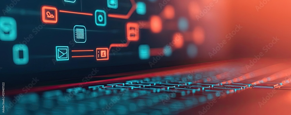 Poster Online courses concept. Close-up view of a modern keyboard with glowing digital interface icons.