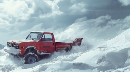 Red Truck Plowing Through Deep Snowdrifts In Winter