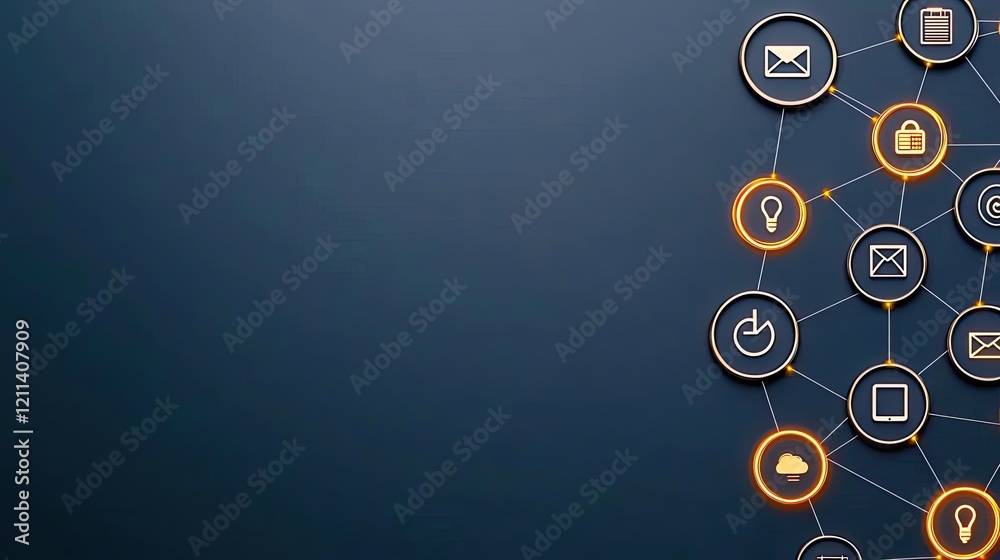Poster online courses concept. abstract digital network connections with various icons on a dark background