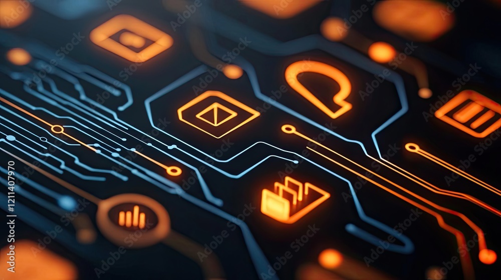 Poster Online courses concept. Close-up view of modern circuit board with glowing icons and intricate designs.