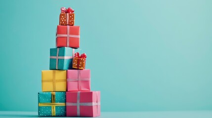 Stack of colorful gifts on teal background.