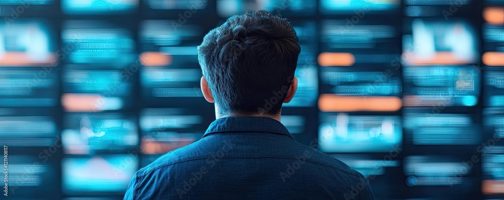 Poster Virtual education idea. A man observing multiple screens displaying technological data and information.