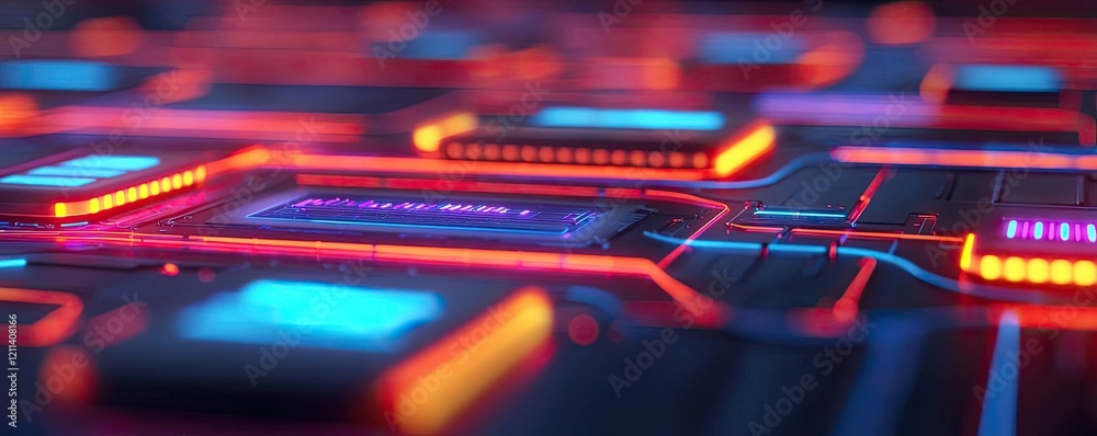 Poster virtual education idea. close-up of glowing circuit board with vibrant lights and intricate details.
