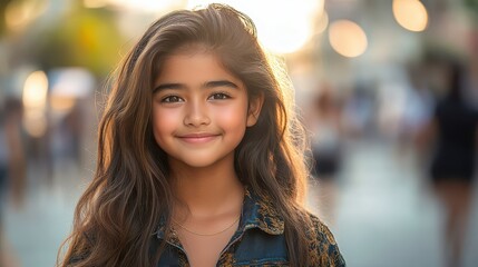 Obraz premium Captivating portrait of a young girl with long, flowing brown hair, timeless image of beauty and innocence
