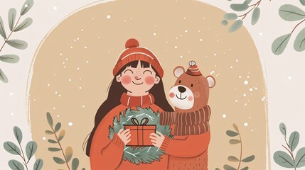 Naklejka premium Festive Merry Christmas Cute Girl and Bear with Gift and Wreath Image