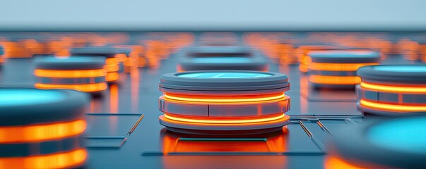 Virtual education idea. Futuristic close-up of glowing data storage devices in modern digital technology.