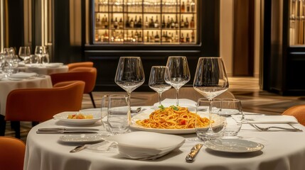 Elegant restaurant table setting with pasta dish, wine glasses, and upscale interior.