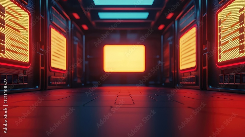 Poster education idea. futuristic corridor with glowing lights and high-tech interface panels.