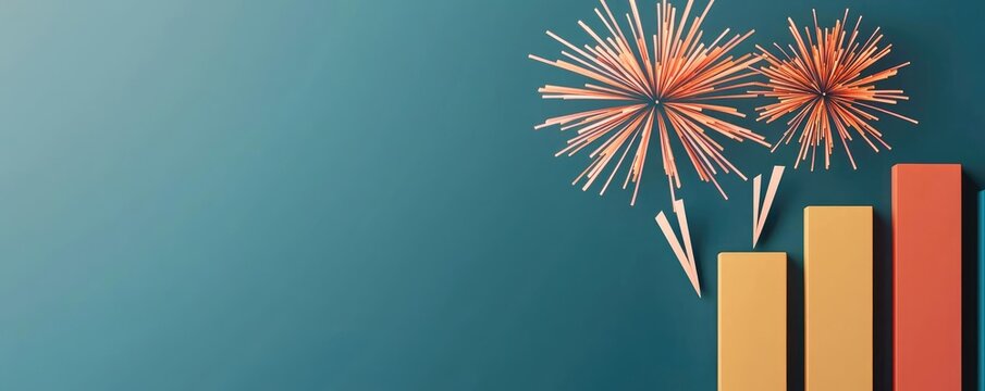 Education idea. Celebratory fireworks over bar graph symbolizing growth and success in business.