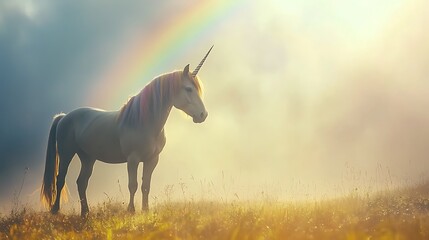 A unicorn stands in a field of grass with a rainbow in the background