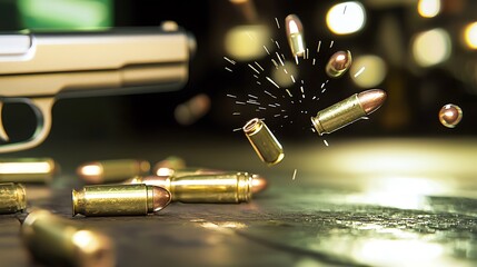 A gun with a bullet in it is shown in the air