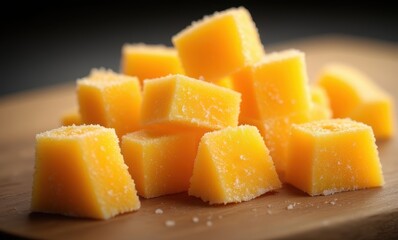Vibrant yellow cheese cubes on a board