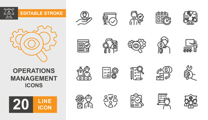 Operations management line editable icon set. Analyzing, document, manager, organization, planning, strategy and more line icons