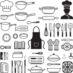 Cooking icons, kitchen utensils set silhouette