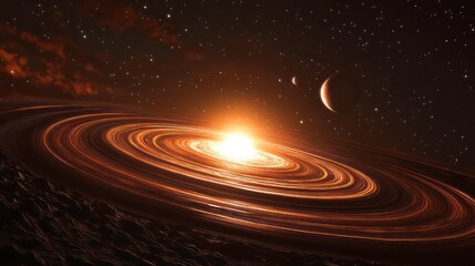Fototapeta premium Stunning cosmic scene vibrant orange rings around a bright star, two planets in the distance, against a dark, starry sky.